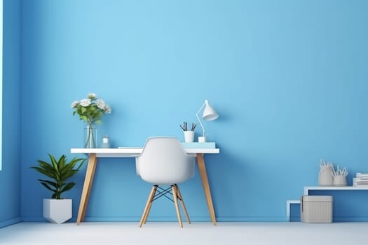 A smart working station with a desk and some potted plant in a blue room