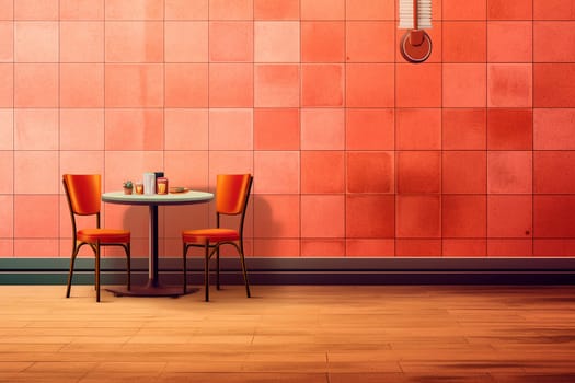 Modern minimalist cafe or fast food interior with orange chairs, a small table, and stylish tiled wall. rpg game background, cartoon style