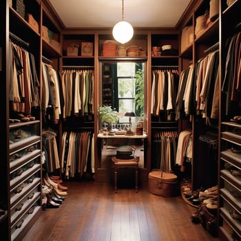 Elegant walk-in closet with organized clothing, shoes, and accessories, warm lighting, and wooden shelves.