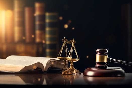 Golden scales of justice, gavel, and law books on a desk, symbolizing legal authority and jurisprudence, with a dark background.