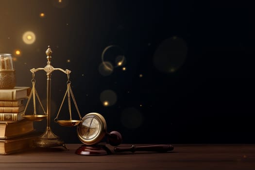 Law symbols on a wooden table, including a gavel, scales of justice, and books, with a warm, dark background and bokeh lights.