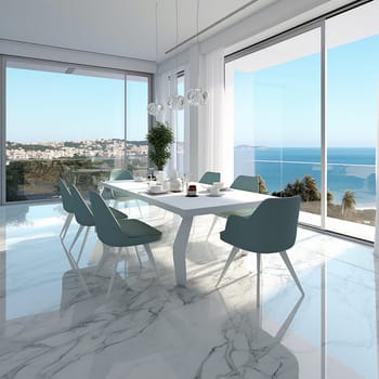 Modern minimalist living room with large windows overlooking the sea, white marble floor, and stylish furniture.