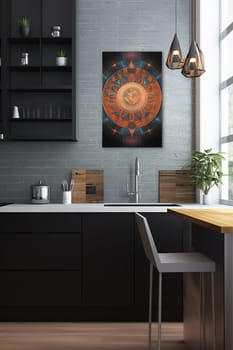 A modern mock up of a vertical frame. Kitchen interior with dark cabinets, wooden counter top