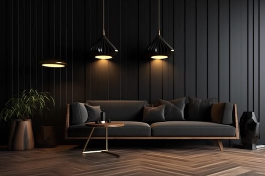 Modern living room interior with elegant sofa, pendant lights, and wooden floor. Stylish dark wall design with cozy ambiance.