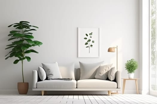 Mock up for a vertical frame, minimalist living room interior with a blank frame, gray sofa, indoor plant, and decorative vase on a side table.