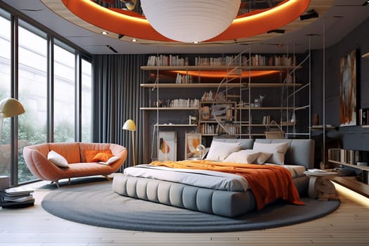 bedroom features a modern design with orange accents, a comfortable bed, and a stylish bookshelf. The room has a large window with gray curtains, and there are plants and books scattered throughout the room. The ceiling has a unique light fixture that adds to the elegance of the space.