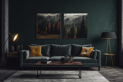 living room features a modern and cozy design with a dark green sofa, yellow throw pillows, and nature-inspired wall art. The space is accented with gold and black lamps and a wooden coffee table.