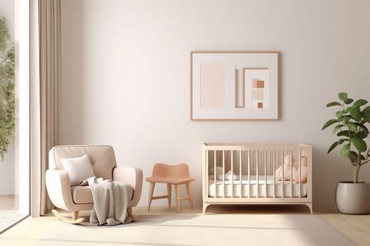 A mock up frame in a nursery room with a crib, armchair, and houseplant in a minimalist style