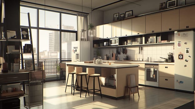 modern kitchen interior with a view of the city through the window. The kitchen is equipped with all the necessary appliances and utensils