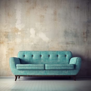 A vintage blue sofa in a modern living room with a ruined grunge wall, blue navy sofa