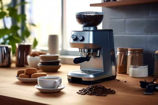 Modern espresso machine in a cozy kitchen setting, breakfast ready