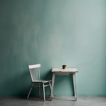 Minimalistic interior with white ruined wooden chair and table, with green background