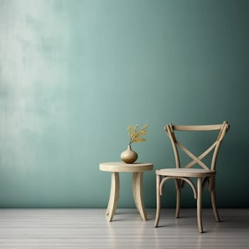 Minimalist interior design with wooden chair and table with potted plant, blue-green wall