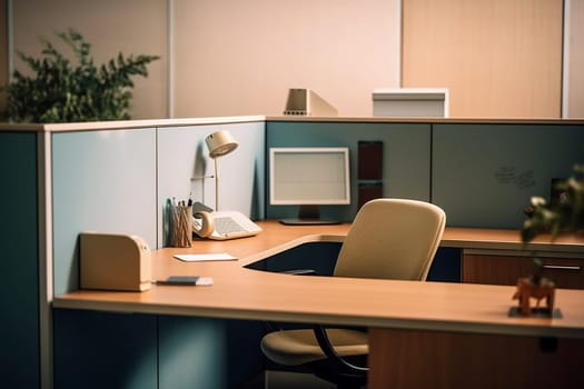 Clean office Desk workplace with Computer and Plant with blue wall