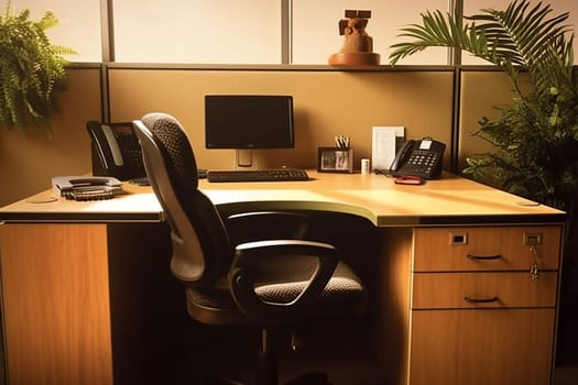 A Modern Office Desk, workplace with wood furniture, plant around