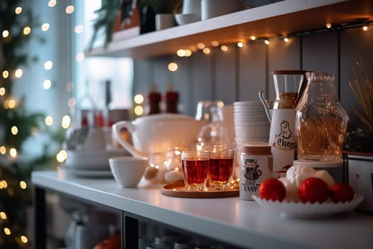 Warm and inviting kitchen decorated for Christmas with a shelf full of tea cups, a teapot, and other festive decorations