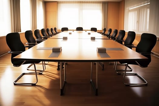 A modern conference room with a large table and chairs, all empty and ready for a meeting