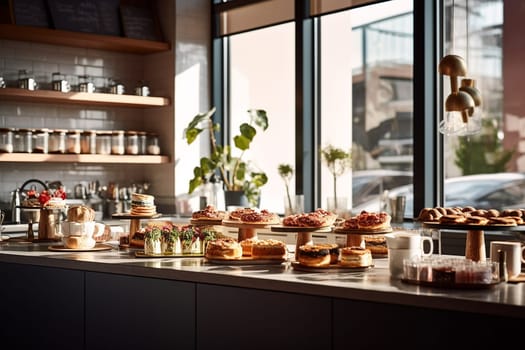 A variety of pastries and desserts in a modern cafe setting with natural light on a table, hotel buffet