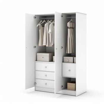 A modern white wardrobe with neatly organized clothes and accessories on hangers, shelves, and in drawers