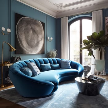 Elegant living room with a luxurious blue velvet sofa, stylish decor, and classic architecture details.