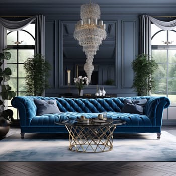 Elegant living room with a luxurious blue velvet sofa, crystal chandelier, and sophisticated decor.