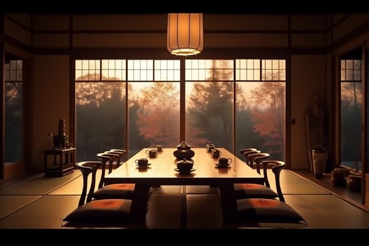 Traditional Japanese dining room with tatami floor and shoji sliding doors, overlooking autumn trees at sunset.