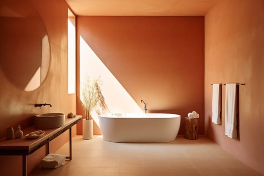 Modern bathroom interior with a freestanding bathtub in a minimalist design and natural light.