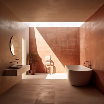 Modern bathroom interior with terracotta walls, freestanding bathtub, and natural light.