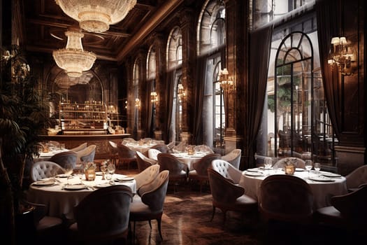 Elegant dinning room with classic decor, chandeliers, and set tables in a luxurious restaurant.
