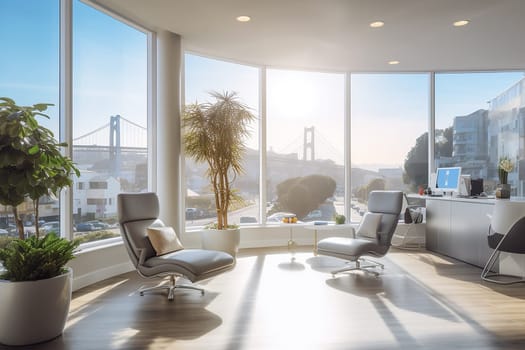 Modern office interior with panoramic windows, new york city view, sunlight, and stylish furniture.