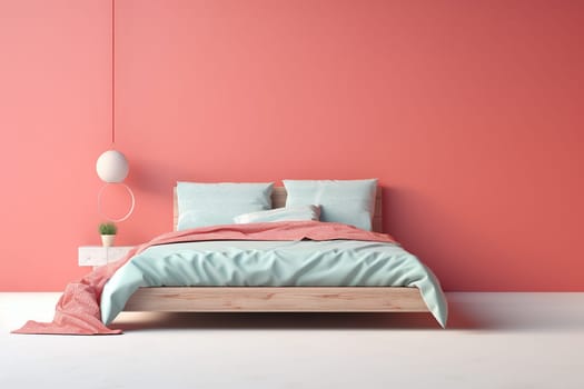 Modern cozy comfy bedroom interior with a minimalist design, featuring a bed with pastel bedding against a coral wall.