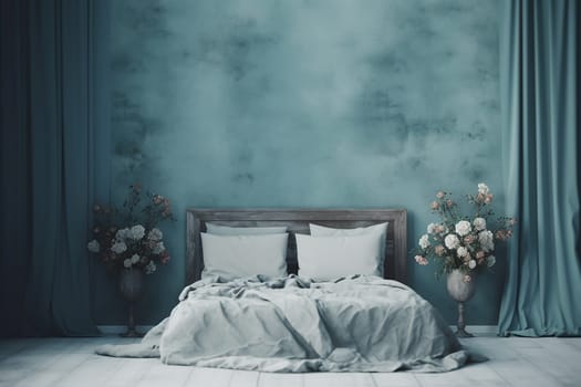 Elegant classic blue bedroom interior with a comfortable bed, stylish pillows, and decorative flower arrangements in a serene blue color scheme.