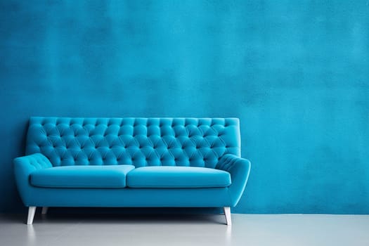 Modern blue sofa couch against a plain blue wall with copy space. Interior design concept.