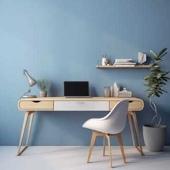 A smart working station with a desk and some potted plant in a blue room