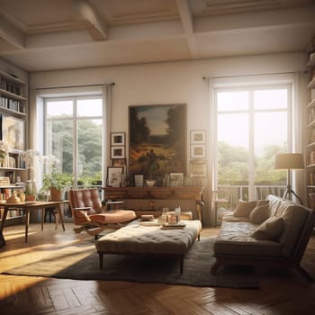 Cozy living room interior with warm sunlight, comfortable furniture, and houseplants.