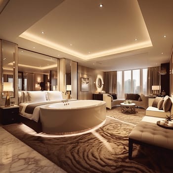 luxury hotel room with white wall and gold tone. Room with bathtub and led lighting