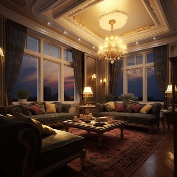 Cozy living room at night with warm lighting, comfortable sofa, and elegant decor.