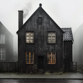 A black wooden house with foggy street, horror creepy black house