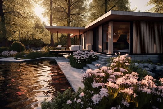 Luxurious Modern Home with Serene Pond and Garden, creating a peaceful and relaxing atmosphere