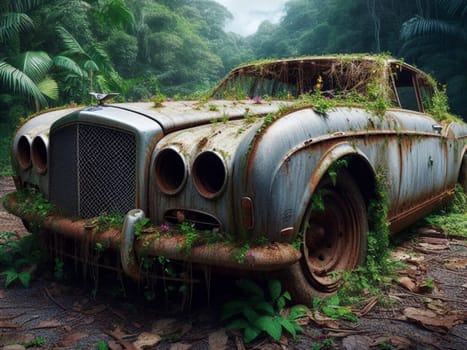 Abandoned rusty expensive atmospheric deluxe sedan car limo as circulation banned for co2 emission 2030 agenda , severe damage, broken parts, plants overgrowth bloom flowers. ai generated