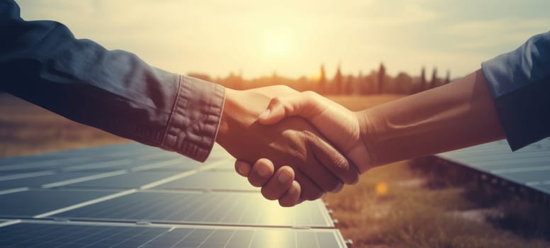 solar plant, solar panel, clean energy hand shake, ai