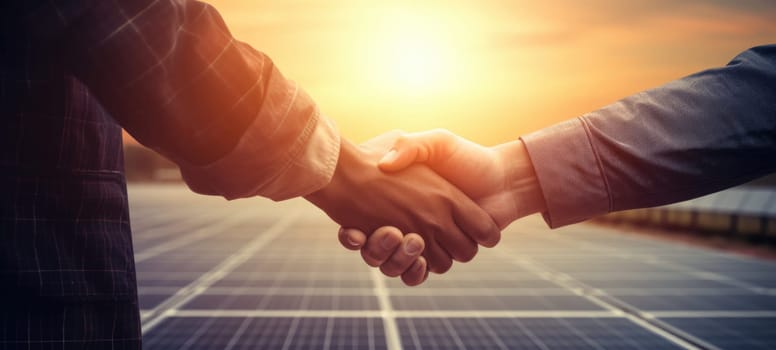 solar plant, solar panel, clean energy hand shake, ai