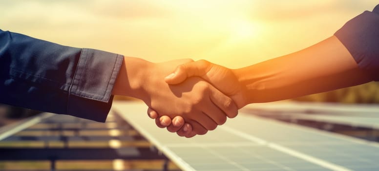 solar plant, solar panel, clean energy hand shake, ai