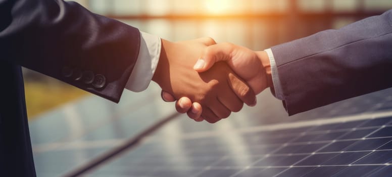 solar plant, solar panel, clean energy hand shake, ai