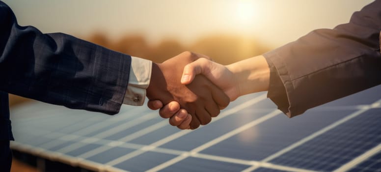 solar plant, solar panel, clean energy hand shake, ai