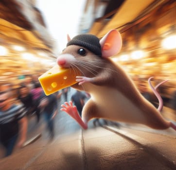 wise street mouse thieve wear cap escape street market stolen piece of cheeseai art generated