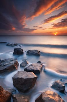 Beautiful sunset over the sea. Seascape. Long exposure.Beautiful seascape at sunset. Dramatic sky over the sea.Beautiful colorful sunset at the beach.Long exposure of sunset over the sea with rocks and colorful sky.Seascape with rocks and water