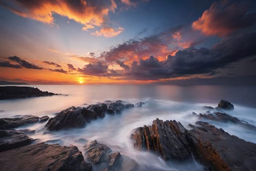 Beautiful sunset over the sea. Seascape. Long exposure.Beautiful seascape at sunset. Dramatic sky over the sea.Beautiful colorful sunset at the beach.Long exposure of sunset over the sea with rocks and colorful sky.Seascape with rocks and water