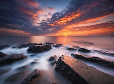 Beautiful sunset over the sea. Seascape. Long exposure.Beautiful seascape at sunset. Dramatic sky over the sea.Beautiful colorful sunset at the beach.Long exposure of sunset over the sea with rocks and colorful sky.Seascape with rocks and water