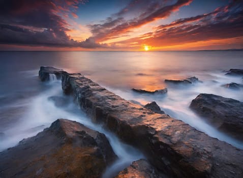 Beautiful sunset over the sea. Seascape. Long exposure.Beautiful seascape at sunset. Dramatic sky over the sea.Beautiful colorful sunset at the beach.Long exposure of sunset over the sea with rocks and colorful sky.Seascape with rocks and water